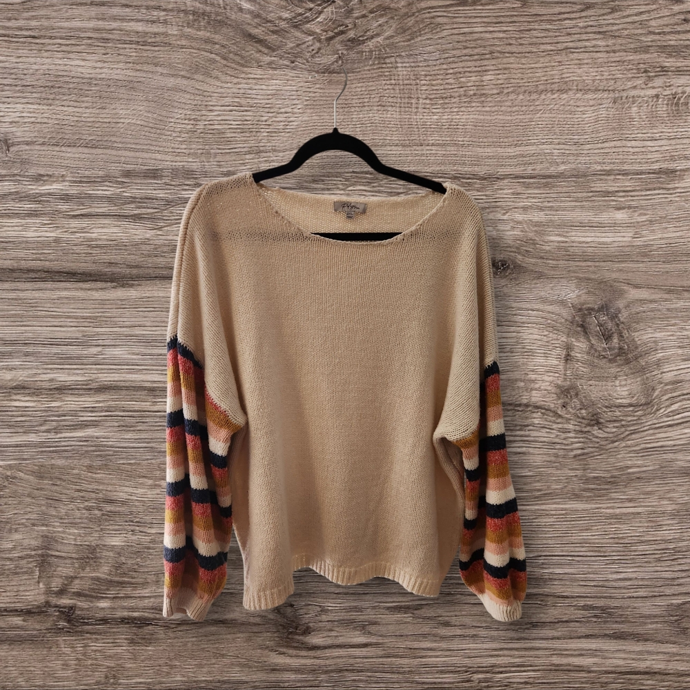Striped Sleeve Beige Sweater - Picture 5 of 6